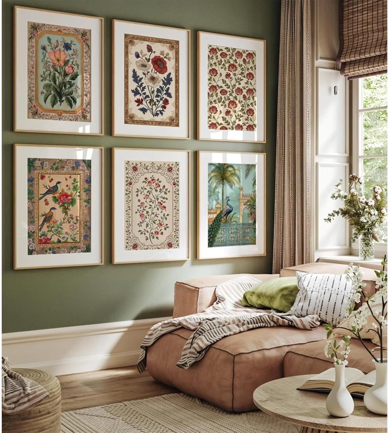 Indian Wall Art Vintage Floral Canvas Poster India Wall Decor Folk Flower Prints Scandinavian Pictures Antique Botanical Painting Gallery Artwork for Bedroom Living Room 8x10 Inch Unframed Set of 6